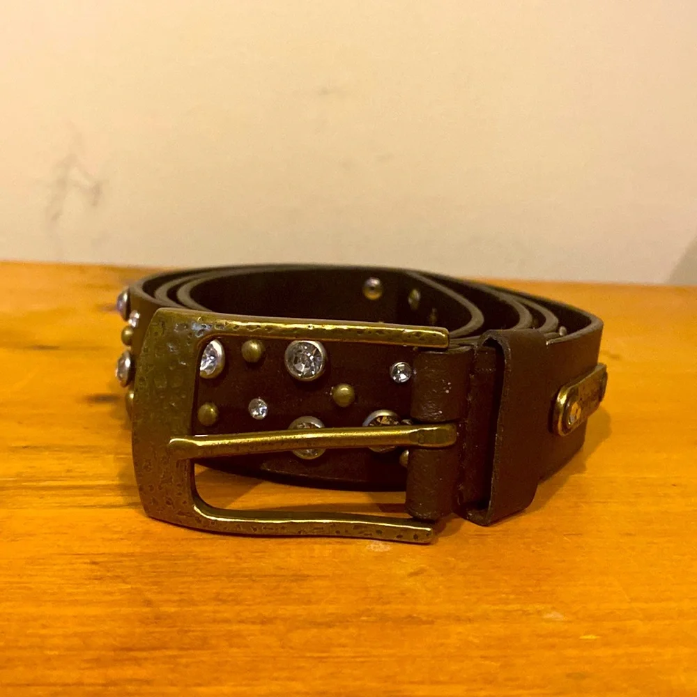 Calvin Klein Western Style Belt with Crystals and Matte Brass Color Findings M